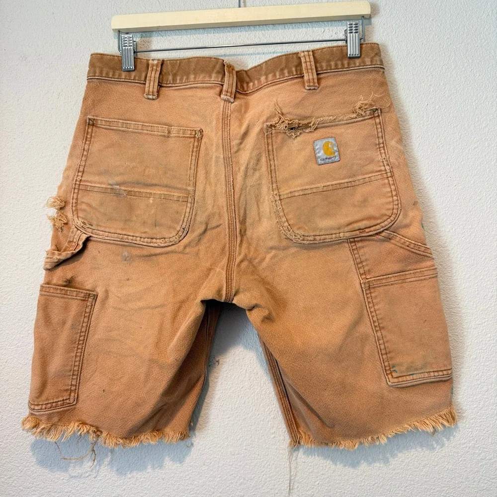 Carhartt Mens Relaxed Fit Carpenter Shorts Distressed Paint Splatter Brown 34